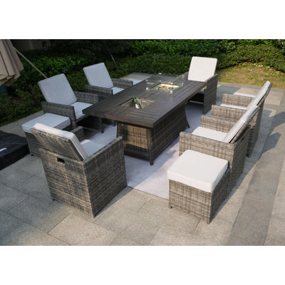 10 - Person Wicker Patio Dining Set with Rectangular Table , Cushions Included