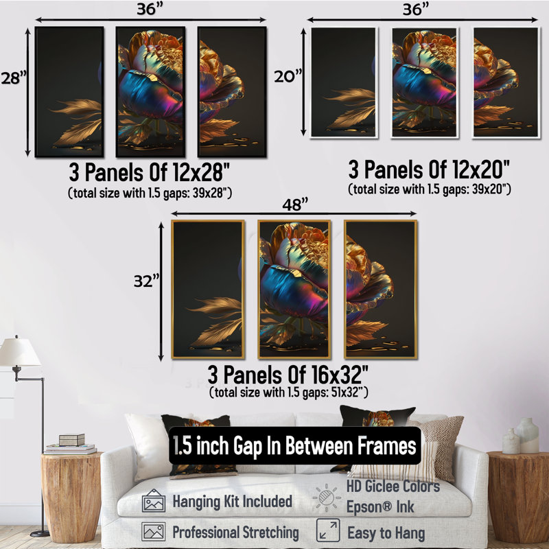 Pivoine arc-en-ciel liquide or III - impression de 3 pièces, Cadre noir, H 28 po x l 36 po x P 1 po