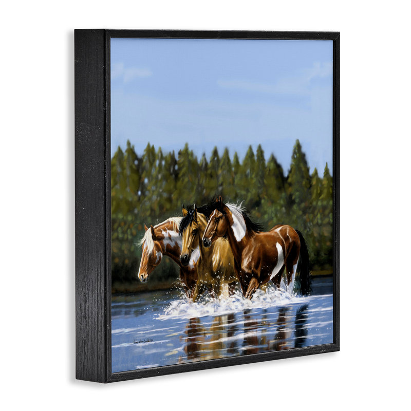 Chevaux, en avant, éclaboussures encadrées par Victoria Schultz, H 12 po x l 12 po, Giclée encadrée noir minuit
