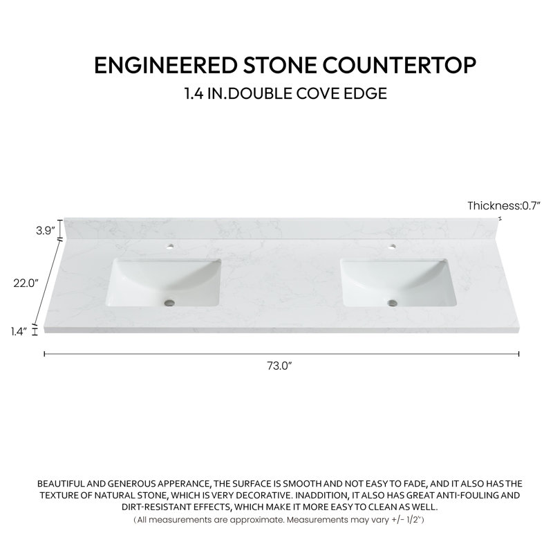 Malaga 73'' Grain White Stone Double Vanity Top with Sinks
