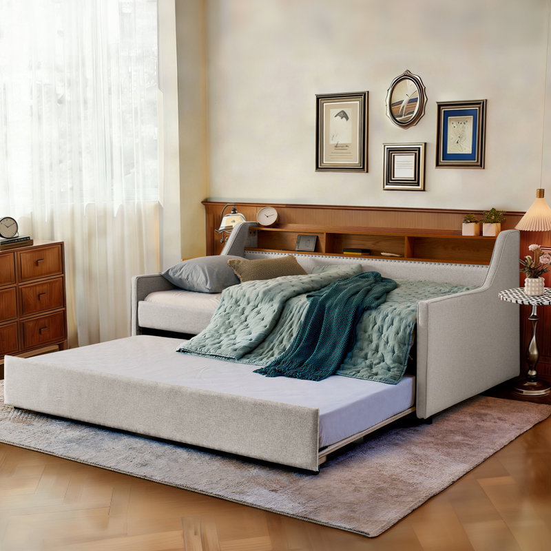 Twin Daybed w/Pop Up Trundle & Charging Station, Upholstered Sofa Day Bed Frame w/ LED/USB/Type C/Storage Headboard, Twin to King Trundle Bed for Bedroom, Living Room, No Box Spring Needed