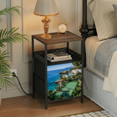 2 Drawers Nightstand with Charging Station, Bedroom Nightstand with USB Ports &amp; Outlets Open Shelf Black, night stand with Scenic Coastal Villa Tennis Court Sea Clifftop Print