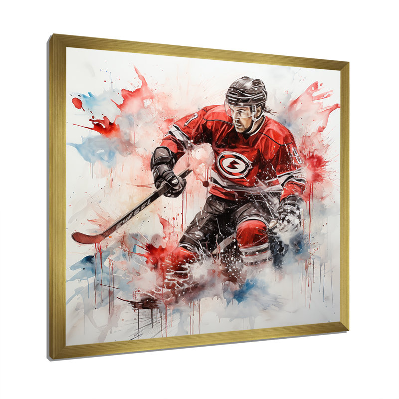 «Red Us Hockey Ice Chronicles» - art mural hockey, Cadre doré simple, H 36 po x l 36 po x P 1,5 po