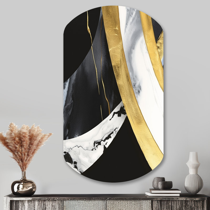 Black And Gold Harmony Of Marble IV - Marble Asymmetrical Metal Art, Modern Cylinder Metal Print, 43" H x 23" W x 1" D