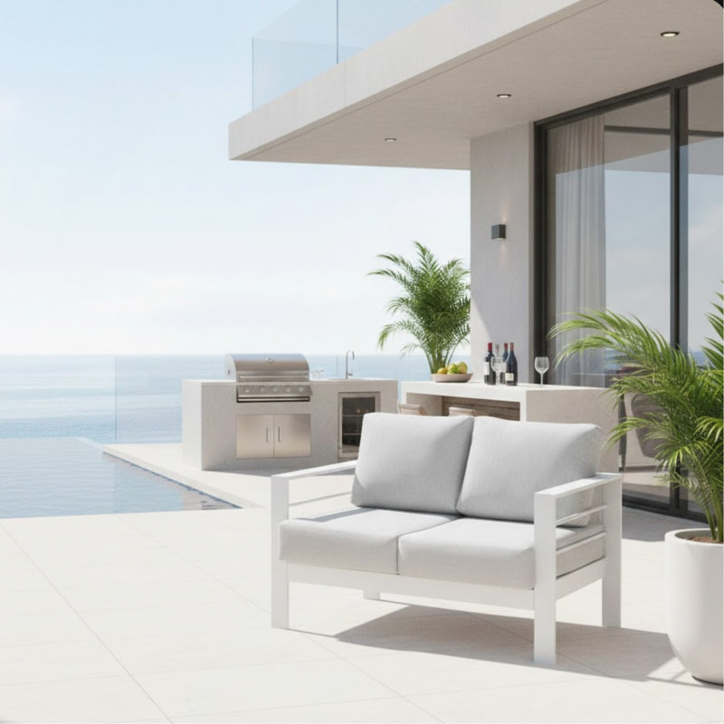 50" All-Weather Aluminum Patio Loveseat With Thick Light Gray Cushions & White Frame, Gray Cushion/White Frame