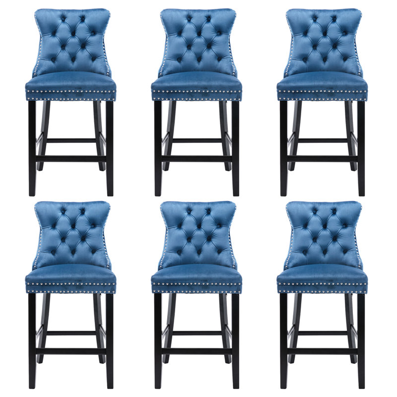 Velvet Upholstered Bar Stool With Button Tufted Back (Set Of 6)