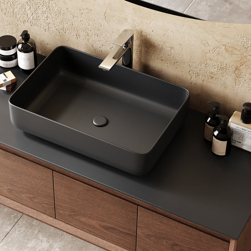 48'' Single Bathroom Brown Vanity with Black Stone Top, Multi-layer Solid Wood Floating Bathroom Vanity with One Drawer and One Cabinet