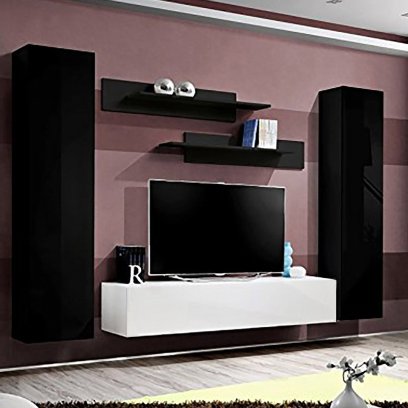 Volpe 100" Modern Floating Wall Mounted Entertainment Center with 16-Color LED Lighting, High Gloss Finish, Black/White