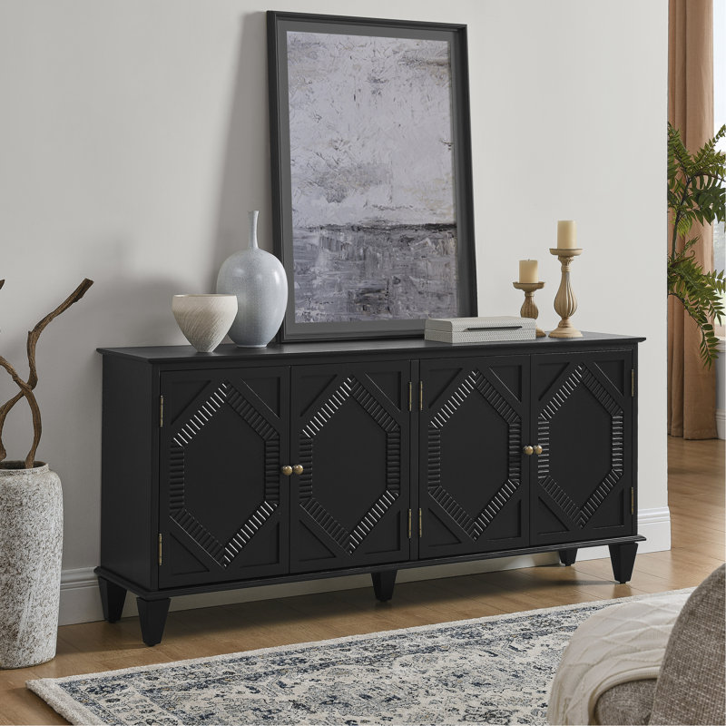 Buffet noir de 65,2 po pour solution de rangement pour hall d'entrée, design moderne Mid-Century, décor géométrique symétrique, salon spacieux avec compartiments, style, armoire avec tablette réglable, haute qualité