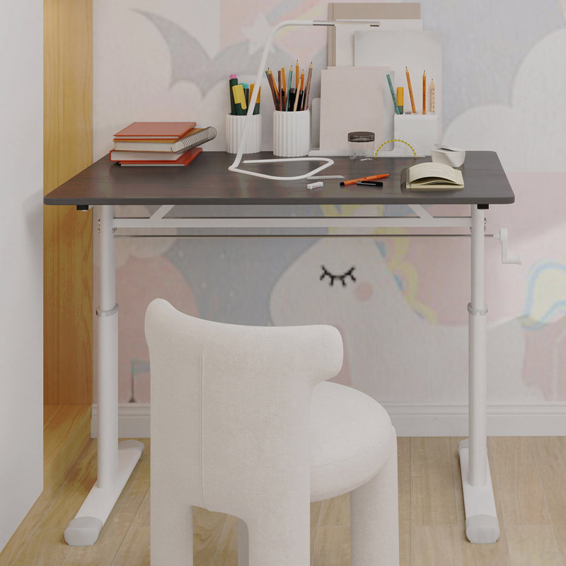 Adjustable Study Desk Suitable For Children And Adults, Height-Adjustable, Multi-Functional Home Office Desk, Compact Design, Desktop Dimensions: 60cm × 100cm, White Frame, Gray Tabletop.