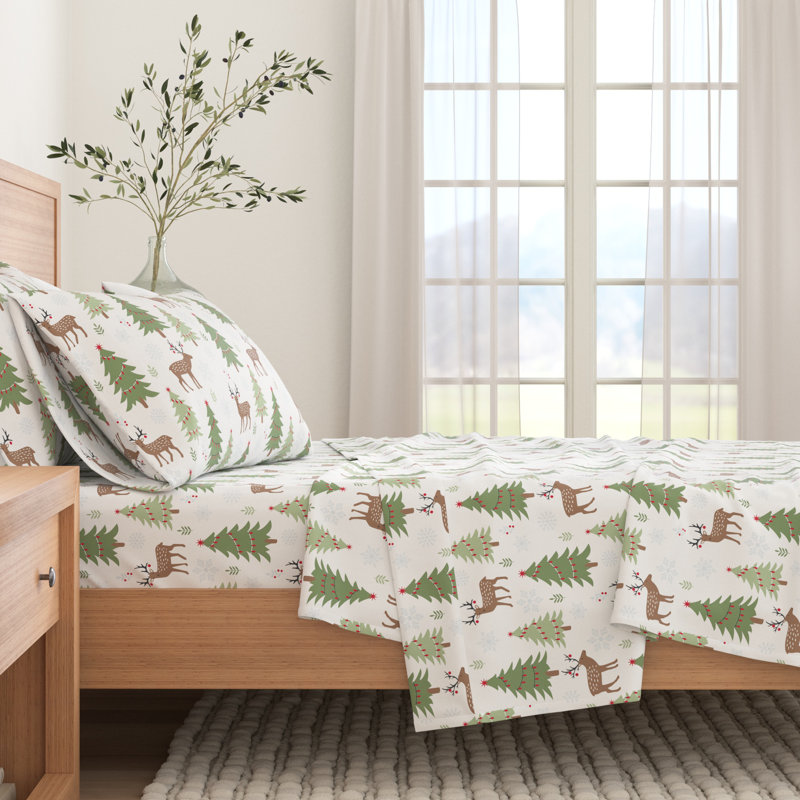 King Gray Deer and Trees Cotton Flannel Sheet Set