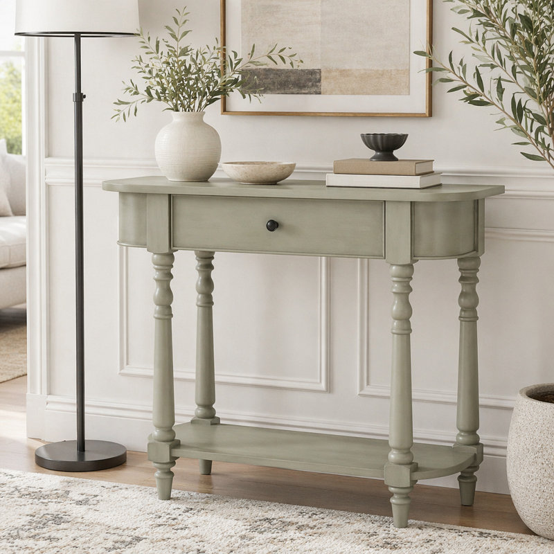 Console étroite avec coins arrondis, tiroir et tablette ouverte, Gris