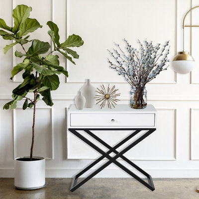 Table de chevet 23 po avec table de bout en bois, plateau en verre, tiroir et base en métal