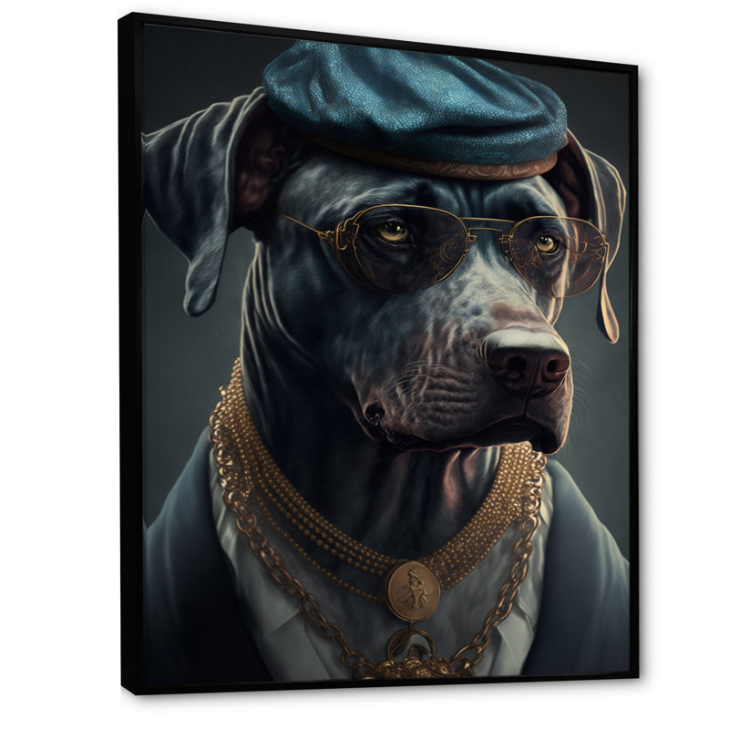 «Mafia Dog I», impression sur toile, H 32 po x l 16 po x P 1 po, Cadre flottant noir