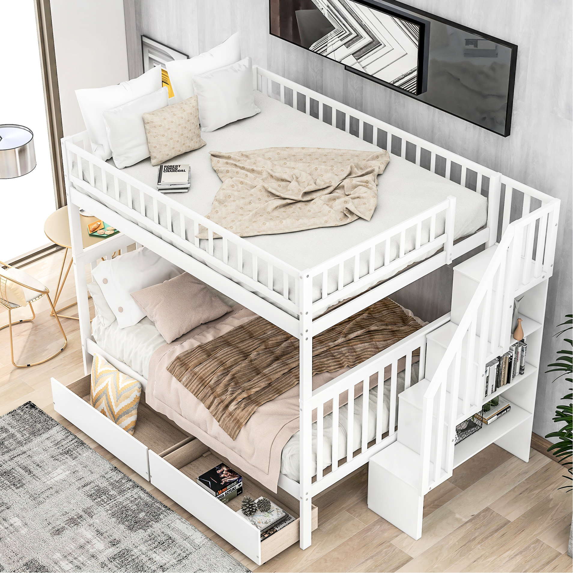 Latitude Run® White Full Over Bunk Bed With Drawer Storage - Fits 4 ...