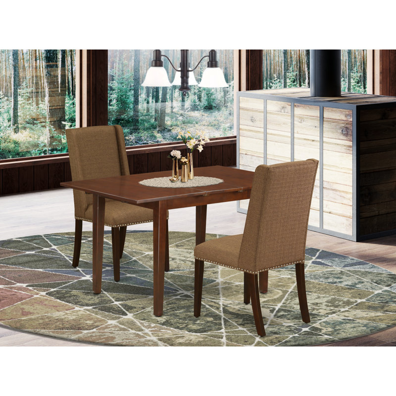 3 Piece Modern Dining Table Set Contains a Rectangle Wooden Table with Butterfly Leaf and 2 Brown Linen Fabric Parsons Chairs, Mahogany