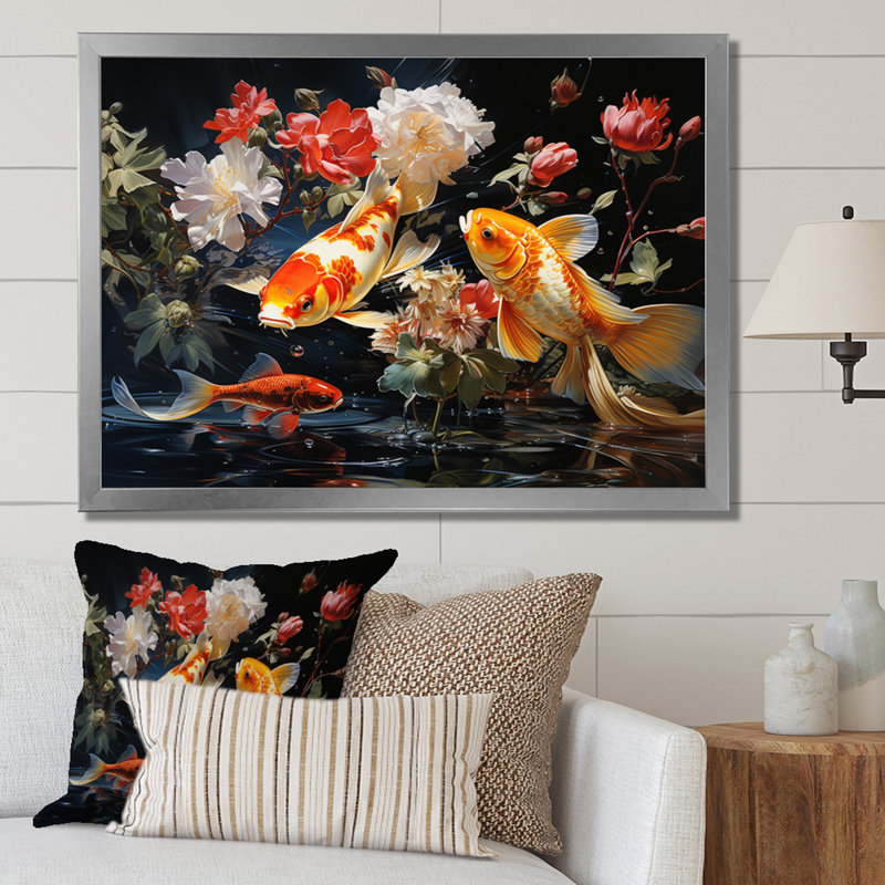 Japon jaune et rouge doré Koi I sur toile, H 12 po x l 20 po x P 1 po, Cadre simple argenté