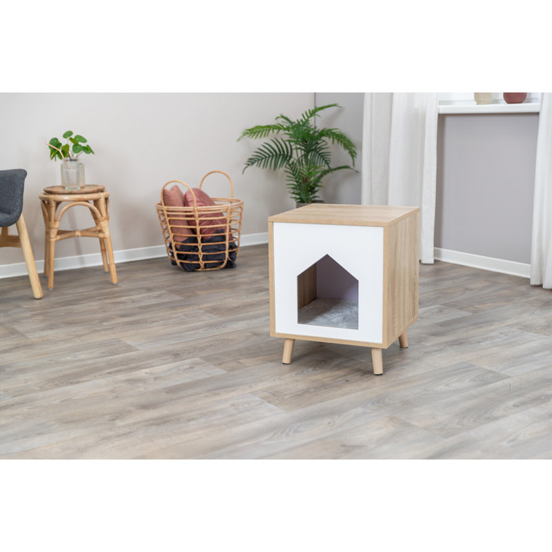 Modern Oak and White Cat Condo Side Table with Cushion