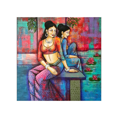 Mesdames au bord du lac | Acrylique sur toile | Par Rupali Mistry