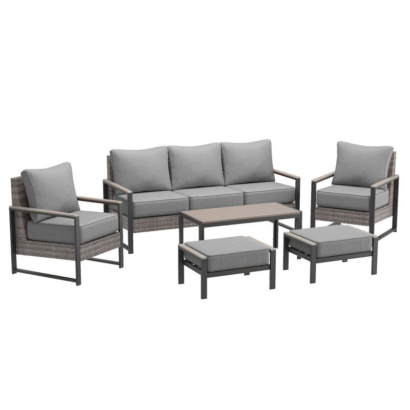 6 Pieces Patio Set with 3-Seater Sofa, PE Rattan Patio With Thick Cushions and Sturdy Frame, Gray