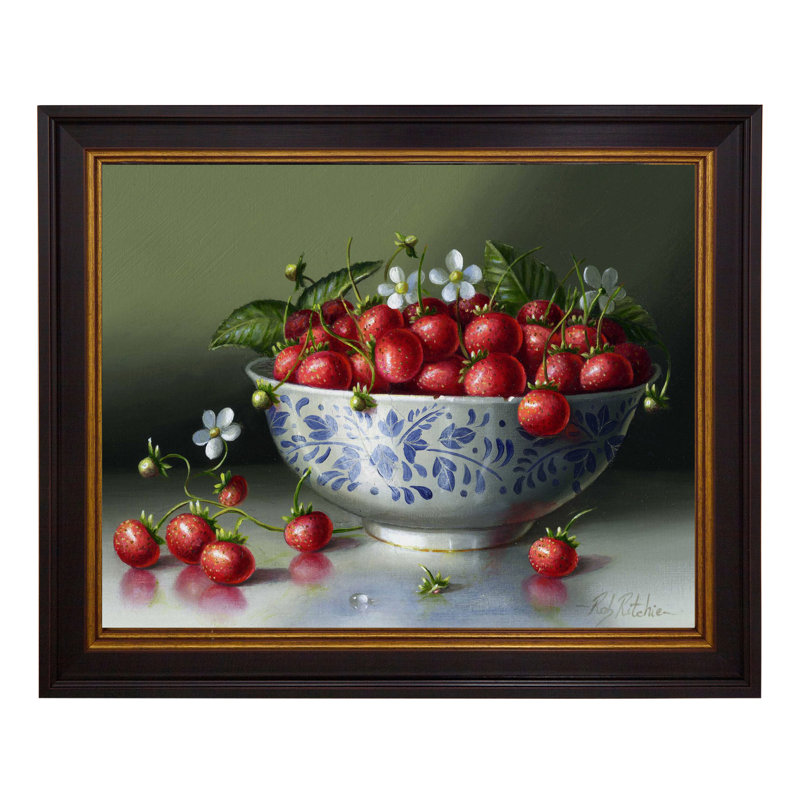 Strawberries in Blue and White Bowl 1 Piece Single Picture Frame Painting on Canvas