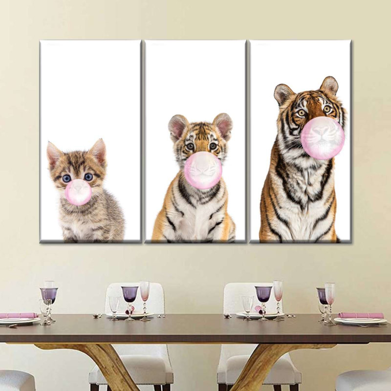 Ensemble de 3 tigres sur toile Bubble Gum, H 48 po x l 74 po x P 1,25 po
