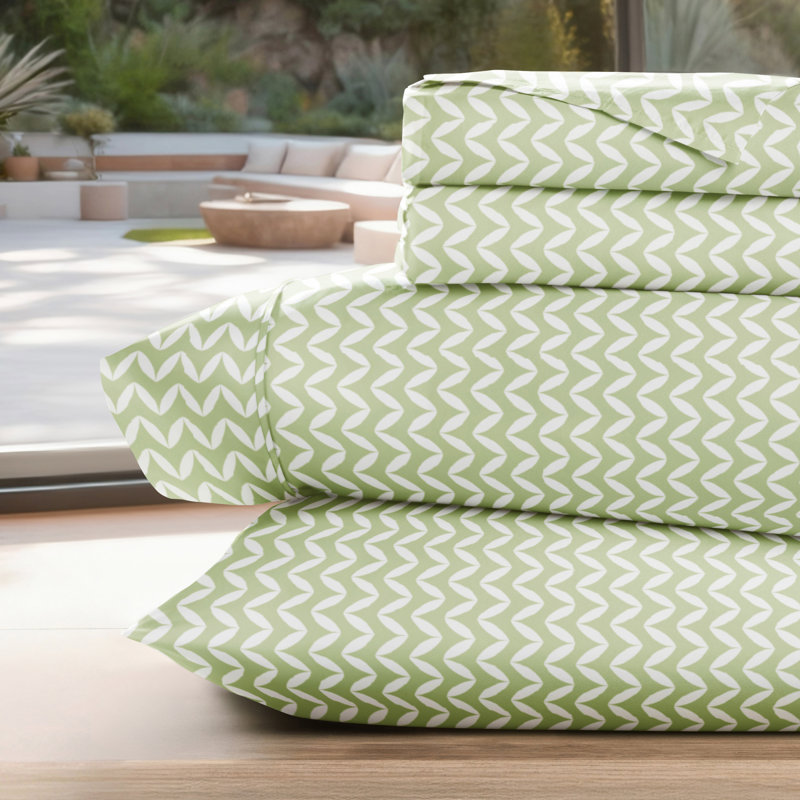 Simply Soft Chevron Geo Pattern Sheet Set, Queen Sheet Set + Fitted Sheet + 2 Pillowcases, Sage