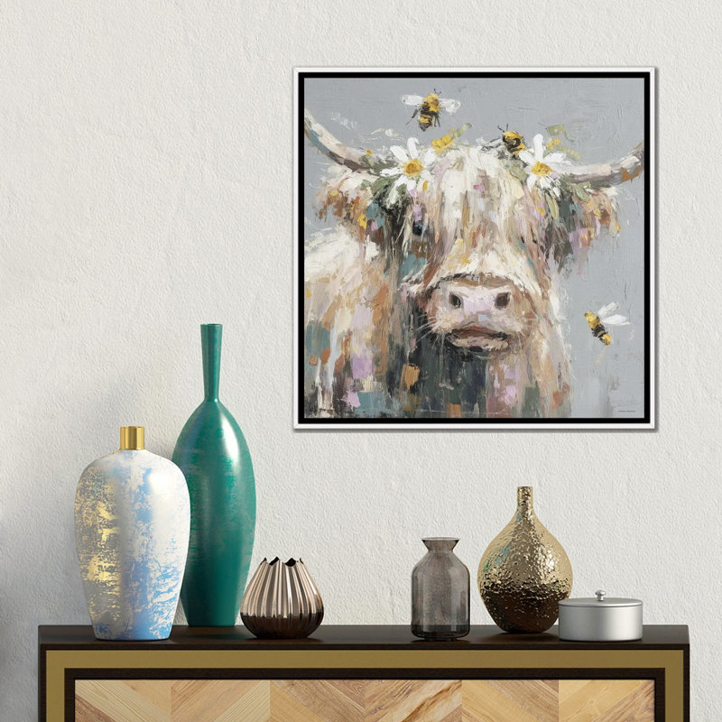 Moo and the Bees - reproduction d'art murale - toile encadrée, 18 po x 18 po, Toile avec cadre, Blanc