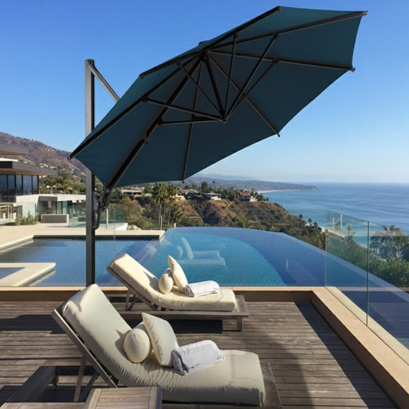 11 Ft Blue Round Cantilever Umbrella With 360 Rotation And Tilt For Patio Deck Use Solution - Dyed Canopy Water Repellency