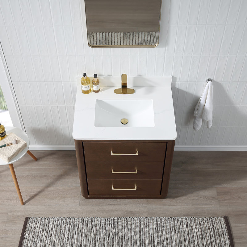 Meuble-lavabo sur pied simple 30 po avec comptoir en quartz, Brun