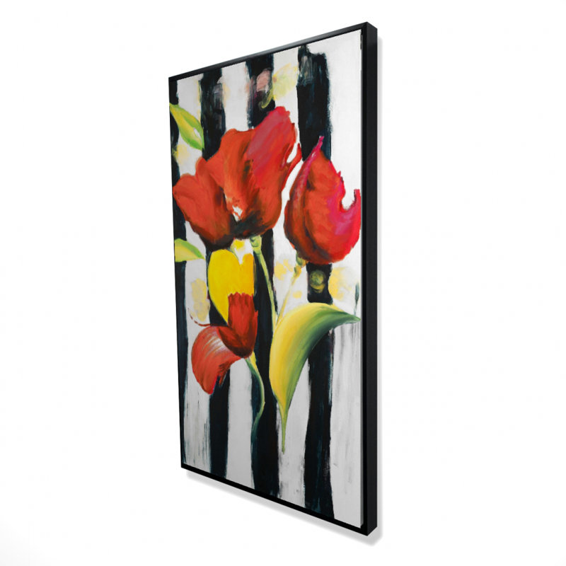 Red Flowers On Stripes Print On Canvas, H 48 po x l 24 po