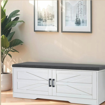 2-Tier Storage Bench, Shoe Bench with Padded Seat Cushion, Entryway Bench with 2 Barn Doors & 2 Adjustable Shelves