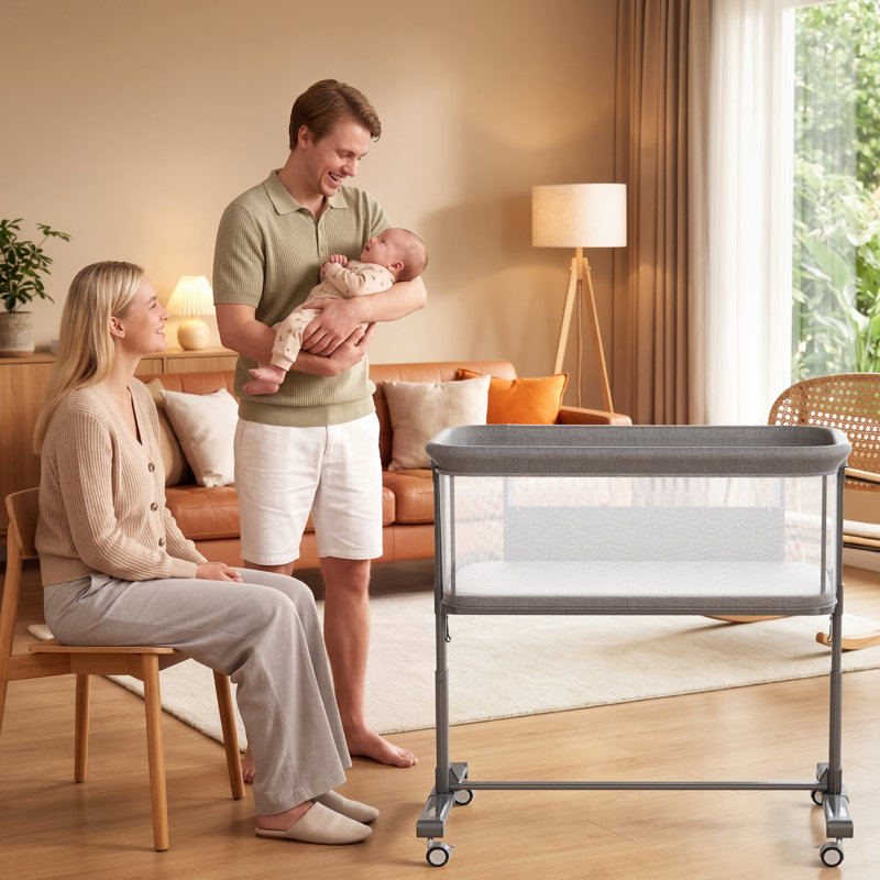 Baby Bassinet 2 in 1 Bedside Sleeper,Folding Portable w/Storage Basket, Gray