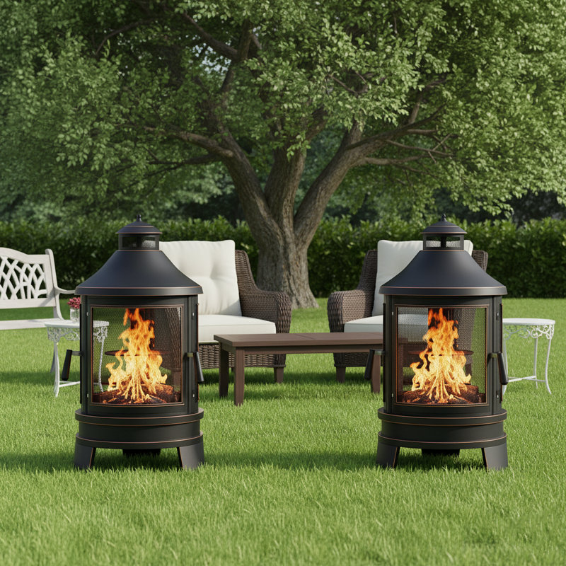 47.3'' Iron Wood Burning Chiminea Outdoor Fireplace With Dual Cast Iron Cooking Trays And Triple Mesh Doors Set Of 2