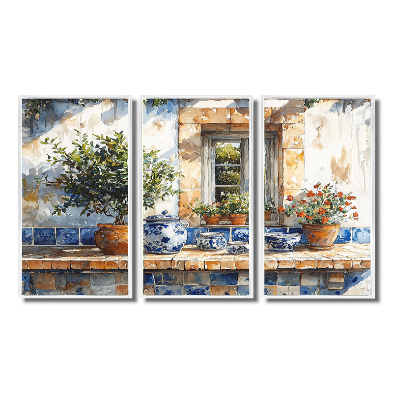 «Blue and Green Kitchen Greek Kitchen», ensemble d'art mural, H 28 po x l 36 po x P 1 po, Toile encadrée flottée blanche