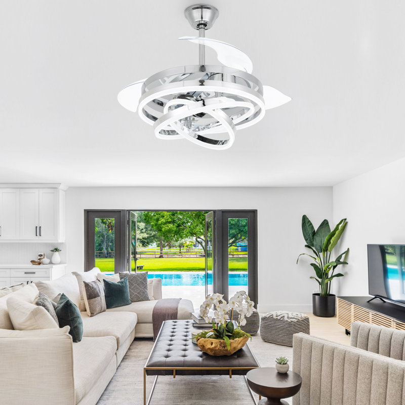 Ventilateur de plafond rétractable chromé 42 po avec lumières DEL Brynnly, Chrome avec pales transparentes