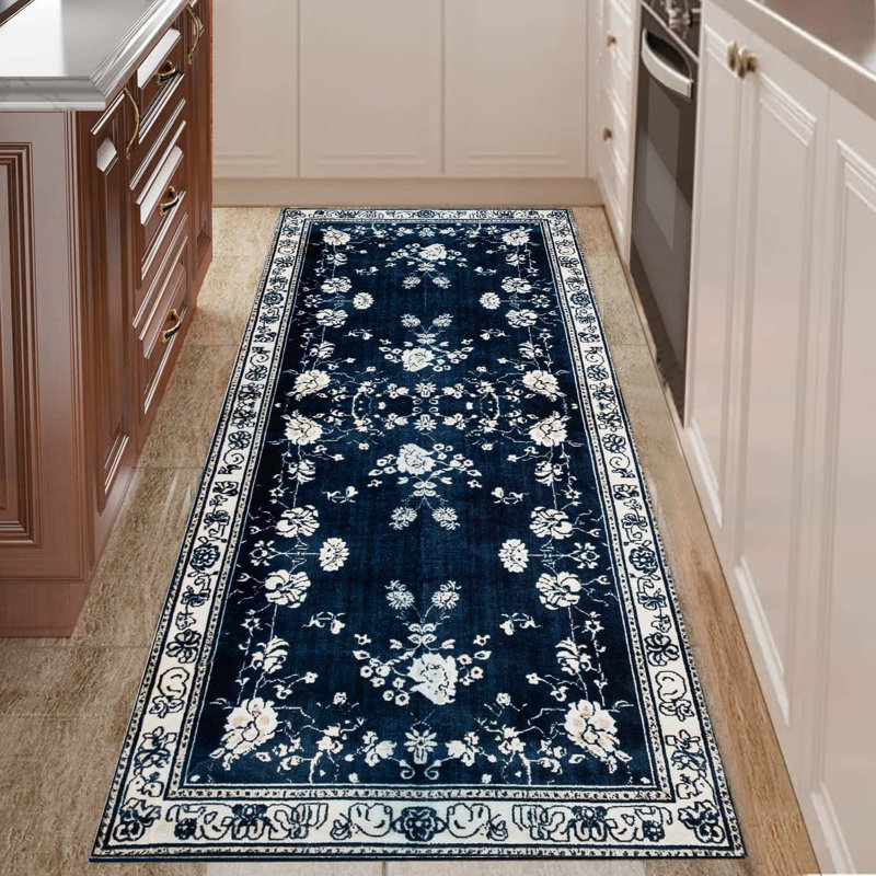 Non-Slip Floral Machine Washable Area Rug in Blue/Cream for Living Room, Bedroom, Hallway Runner Indoor Rugs, Runner 2' x 6'