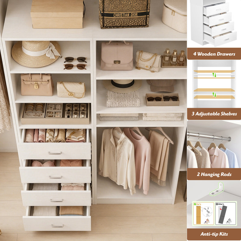 Welles Closet System with Wood Drawers, Hanging Rods, 2 units, White