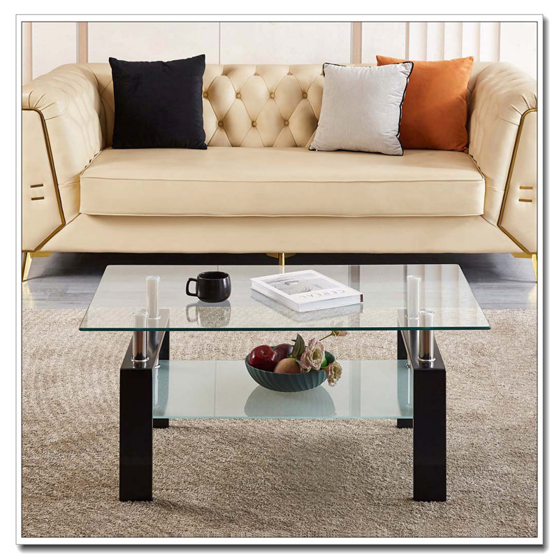 Table basse 2 couches en verre trempé transparent, Clair