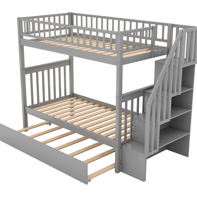 Lit simple superposé avec lit gigogne et rangement, finition grise, lattes de bois pour supporter le matelas