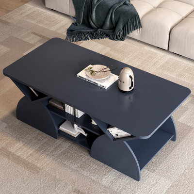Table basse rectangulaire en bois d'ingénierie bleu, design moderne, plateau spacieux, 6 espaces de rangement indépendants, bords arrondis, idéale pour un bureau ou une salle de réception. Montage facile.