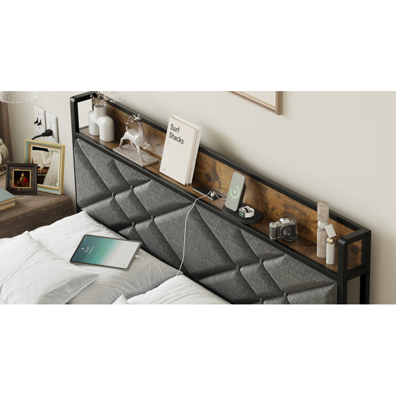 Upholstered Metal Slat Bed, King