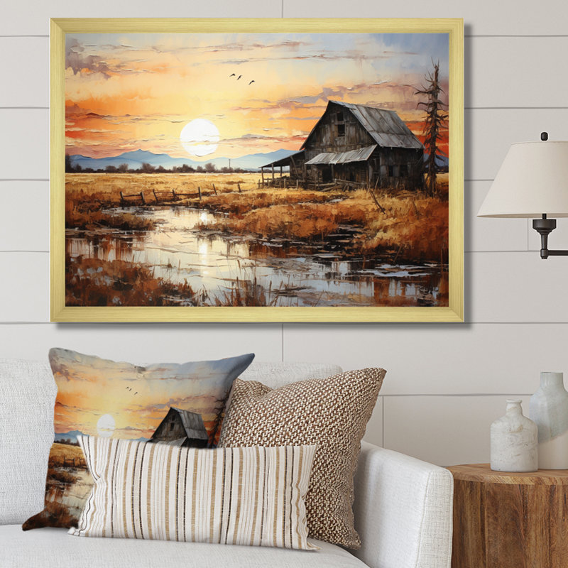 Paysage de grange au crépuscule I - impression, H 12 po x l 20 po x P 1 po, Encadrement doré