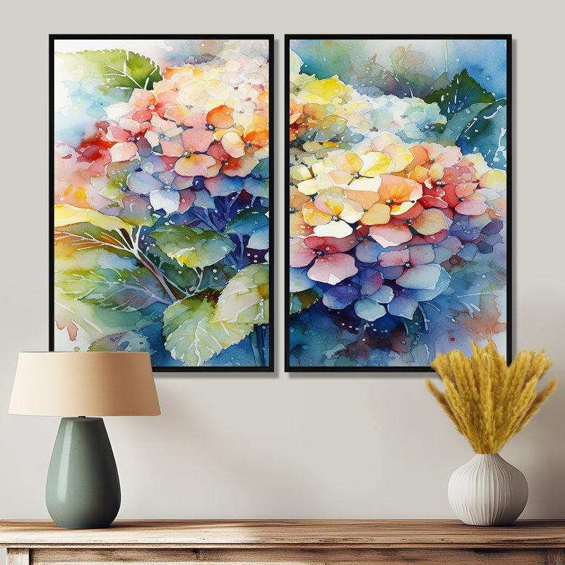 Blue Green Hydreangea - Floral Hydrangea Wall Decor, 36" H x 48" W, Framed Print without Mat, Black