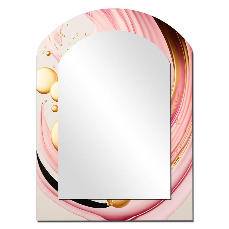 «Pink and Gold Abstract Circles II - Abstract Spirals Arch Unique Wall Mirror, Modern, 34 po x 25 po