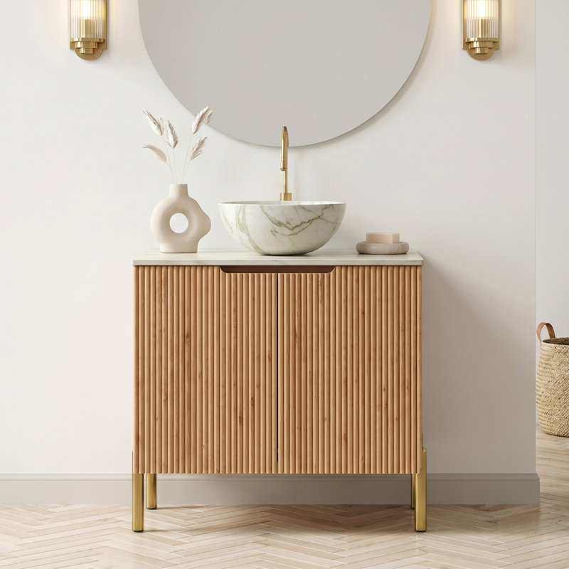 Meuble-lavabo moderne 30 po avec portes cannelées, comptoir en pierre frittée, plusieurs options d'évier à vasque et rangement à fermeture en douceur