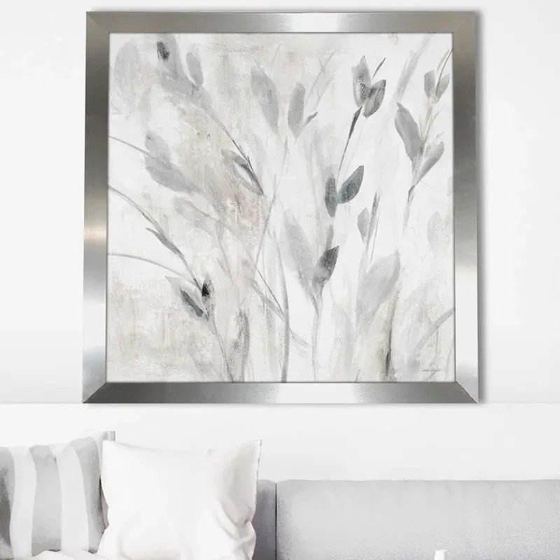 "Grey Misty Leaves Square I (Square)" par Lanie Loreth, Impression encadrée, H 25,5 po x l 25,5 po, Argent argent