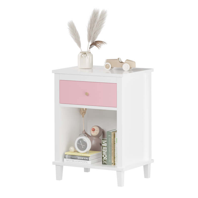 Table de chevet en bois avec un tiroir et une tablette pour enfants, adultes, Pink