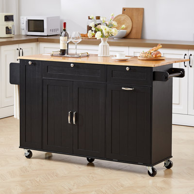 61.5" Rolling Kitchen Island With Large Storage Cabinets And Trash Can Storage,2 Locking Wheels,Power Outlet For Kitchen, Dining Room by Ebern Designs