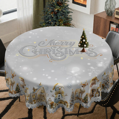 Nappe en polyester gris lavable à la machine avec motif bonhomme de neige doré pour Noël